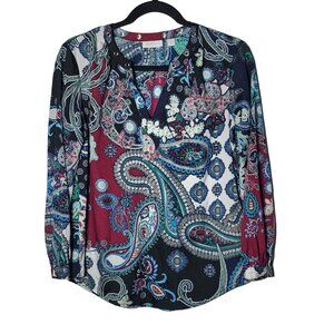 New York & Company‎ Womens Purple and Blue Paisley Silky VNeck Blouse Size Small